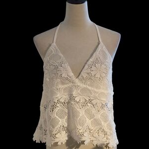 White Crocheted Floral Lace Halter Top Women’s XL Boho Festival Summer Backless